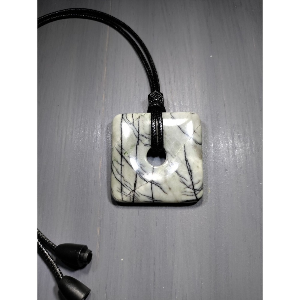 TrailerSpark Thread Jasper Stone Square Donut Pendant Necklace 18in Waxed Cord